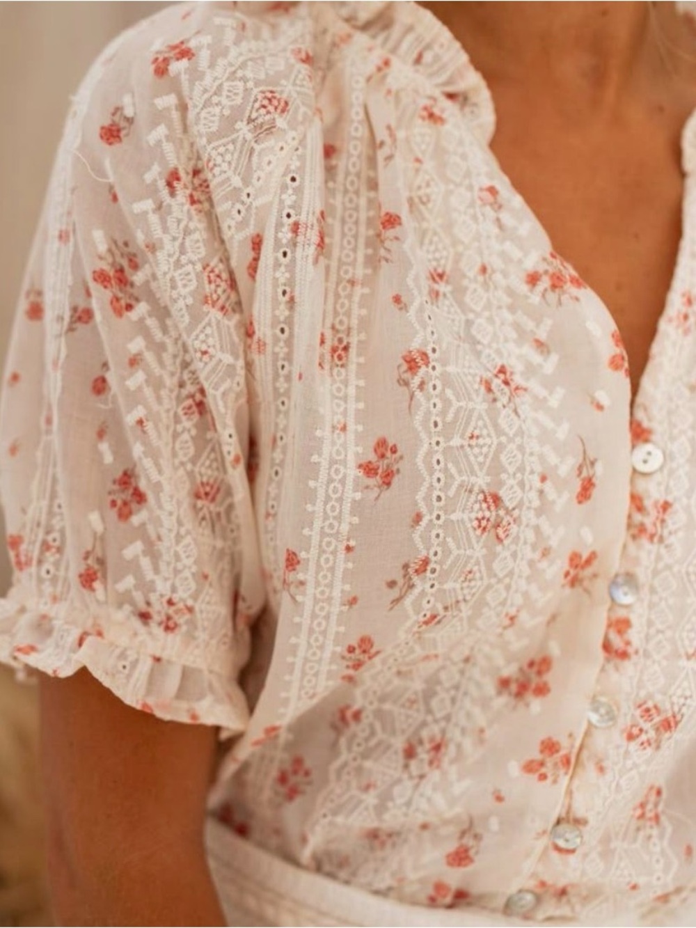 Button-Front Lace-Trim Blouse in Cream with Pink Floral